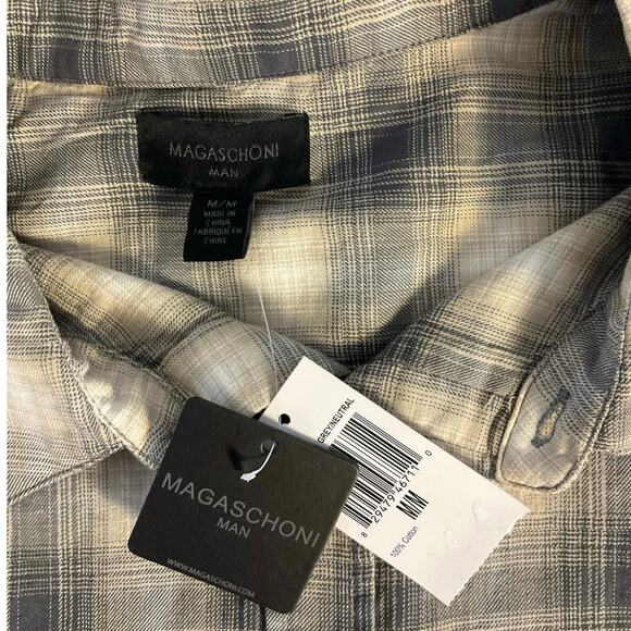 NWT Magaschoni Button Down Size M Neutral Gray Short Sleeve Plaid - Picture 5 of 9